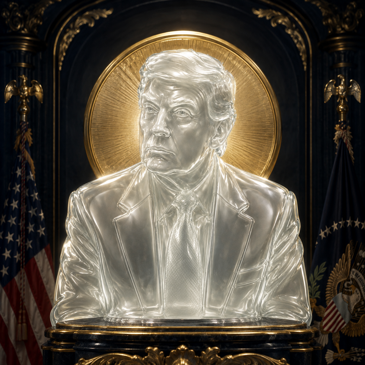 Pons Trump pearl-glass launch portrait with golden halo